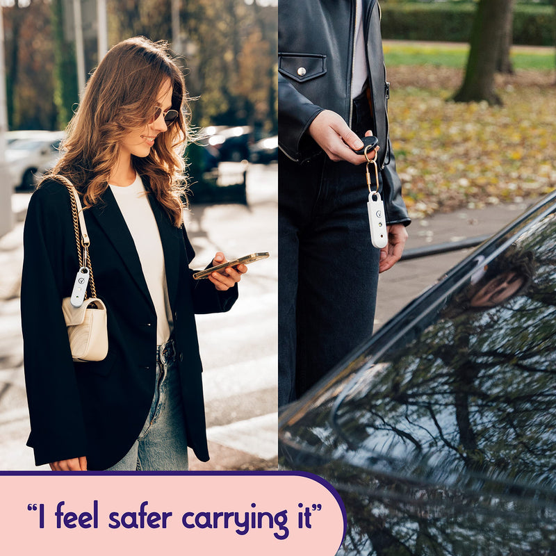 [Australia - AusPower] - Vantamo Personal Alarm for Women - Extra Loud Double Speakers, First with Low Battery Notice with Strobe Light, Rechargeable - Safety Alarm Keychain Pearly White. 
