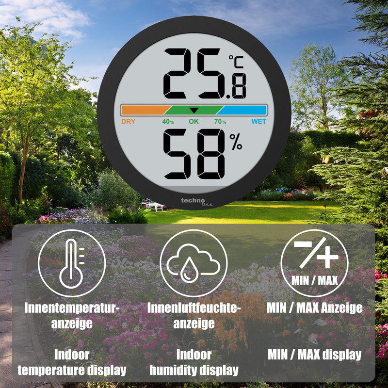 techno line WS 9418 Thermo-Hygrometer Digital Temperature and Humidity Meter Room Climate Monitor with Comfort Display Min/Max Memory Table Device and Wall Mounting