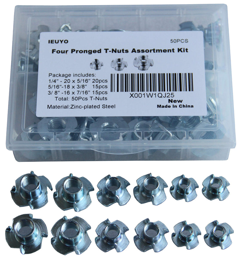 [Australia - AusPower] - Zinc Plated Steel T-Nut,1/4" 5/16" 3/8" 4-Prong Heavy Duty Tee Nut for Wood, Cabinetry, Rock Climbing Holds, Threaded Insert, Furniture 3 Sizes - 50Pcs Kit 1/4"5/16"3/8" Zinc blue 
