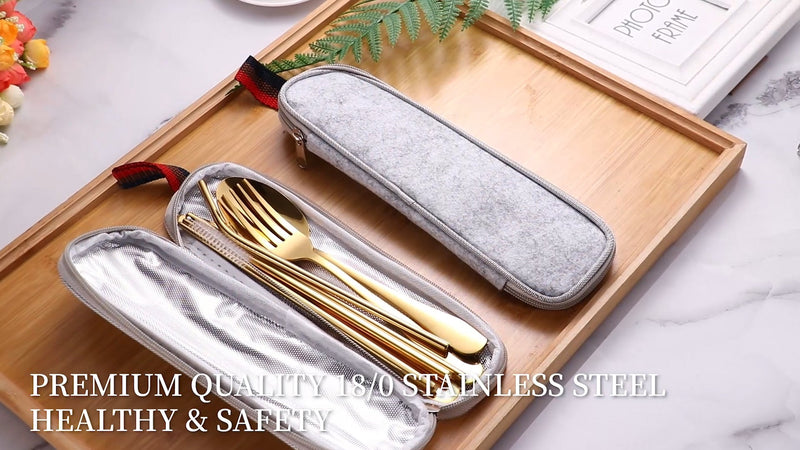 Reusable Travel Utensil Set With Case (Gold), Travel Cutlery Set, Portable Camping Silverware Set, Portable Stainless Steel Flatware Set 8-Piece, Dishwasher-Safe Gold