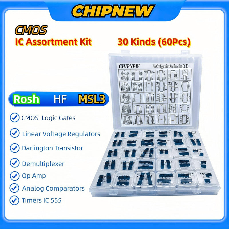 [Australia - AusPower] - Learning +Repair +Collector's Kit 60Pcs 30-in-1 IC Assortment Kit: Logic Gates 74HCXX+CD40XX, 555Timers, LM358 Amplifiers, Transistors & More! with Cushioned Organizer & ESD Protection Gear 0A:XXL Integrated Learning Suite 