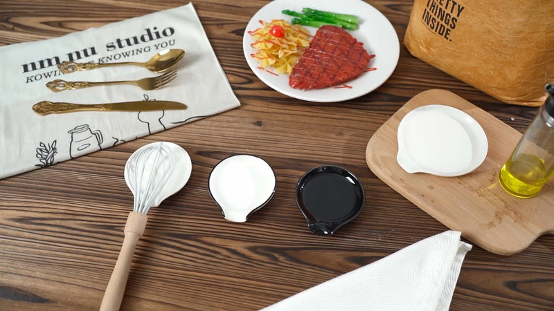 White ceramic spoon rests by Irenare, 8-piece set, 3.74 inches, ideal for stove top and kitchen countertop use.