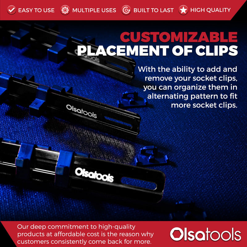 Olsa Tools Aluminum Socket Organizer, 3pc Set - Locking End Caps - 1/4-Inch Drive x 24 Clips, 3/8-Inch Drive x 18 Clips, 1/2-Inch Drive x 16 Clips - Professional Grade - Black - Part: 1181 3pc, 1/4, 3/8, & 1/2-Inch Drive