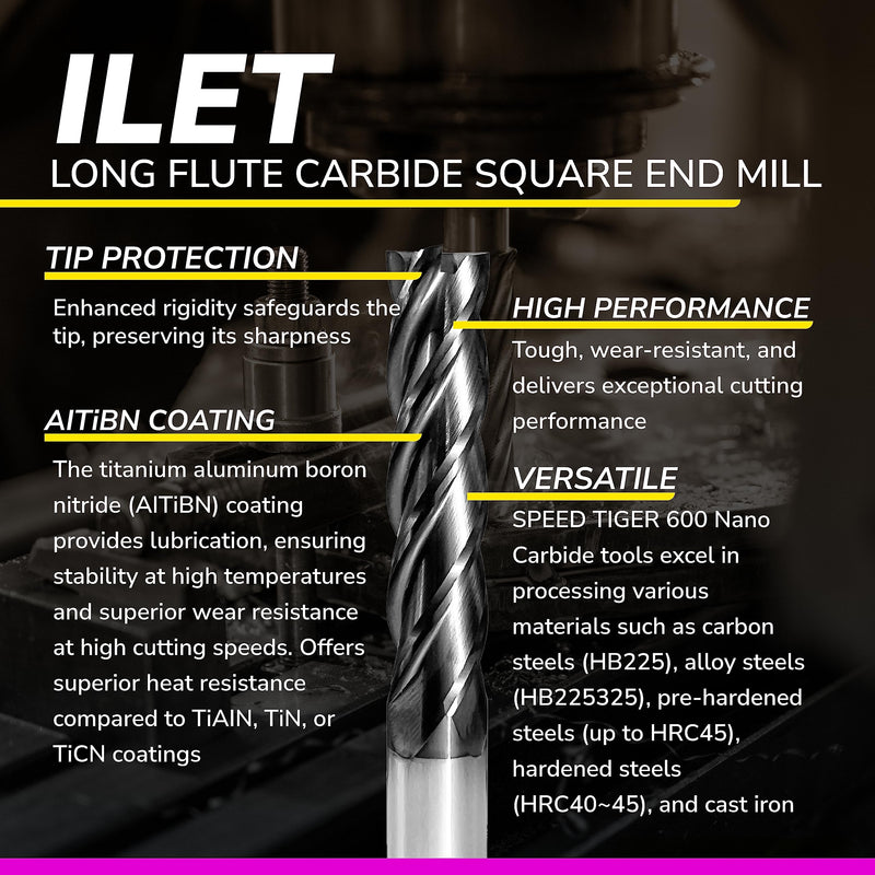 [Australia - AusPower] - SPEED TIGER Micrograin Carbide Square Long Flute End Mill - 1/2" Diameter 2" Flute Length, 4" OVL, 4 Flutes - ILET (1 Piece, 1/2") - for Alloy Steels, Hardened Steel & Metal– Mill Bits Sets 1/2 in 