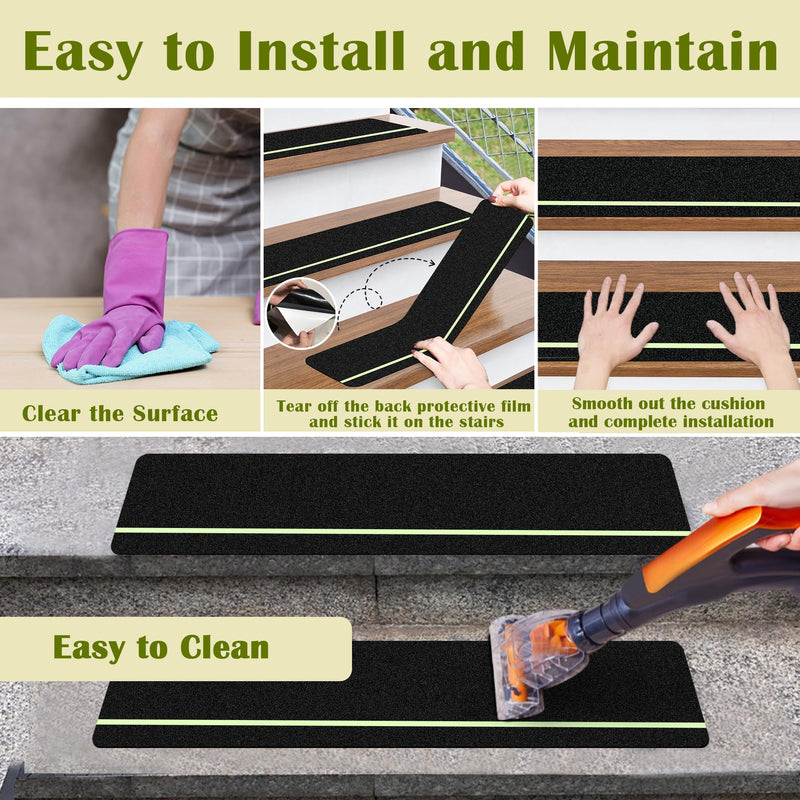 Outdoor Stair Treads Non Slip with Glow in Dark Stripe, 5.9" x 23.6" Anti Slip Tape for Wooden Steps, Non Skid Grip Tape Stripes for Stairs, Steps (5, 5.9" x 23.6" Black with Glow-in-The-Dark)