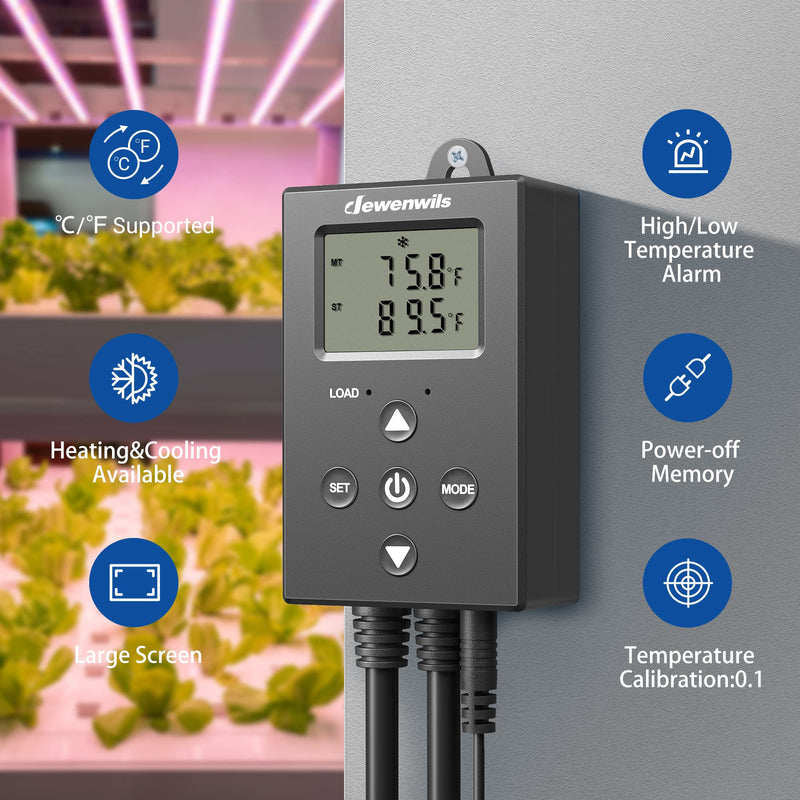 [Australia - AusPower] - DEWENWILS Digital Temperature Controller Thermostat Outlet with Heating & Cooling Mode for Chest Freezer, Home Brewing, Green House, Incubation, Reptiles, -22°-221°F, 120V/10A/1200W 