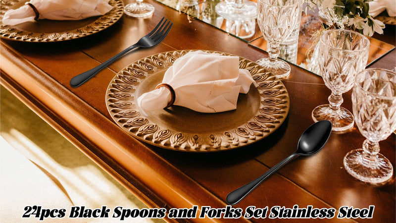 Set of 24 stainless steel black serving spoons and forks from Anboliwb, featuring durable silverware for dining and serving.