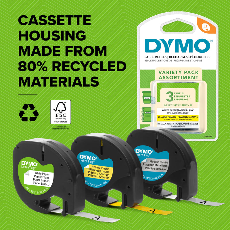 DYMO Authentic LT Plastic Labels | 12 mm x 4 m Roll | Black Print on Green Labels | for LetraTag Label Makers Black on Green