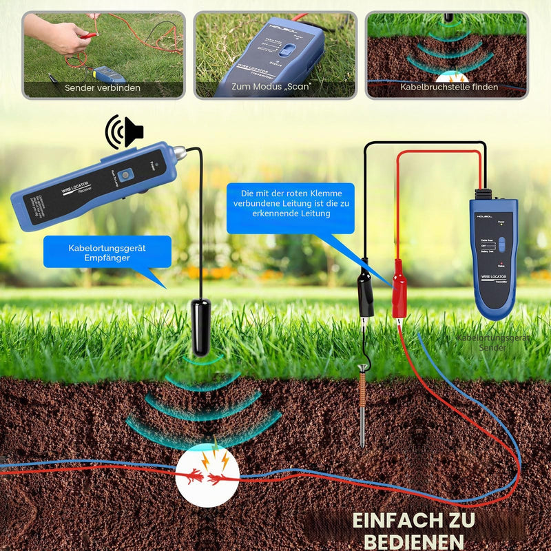 Earth Cable Detector, Cable Tester F02 Pro for Cable Detector, Locate Control Wires, Pet Fence Cable, Up to 3 Metres Deep 2000 Metres Length, Equipped with Rechargeable Battery