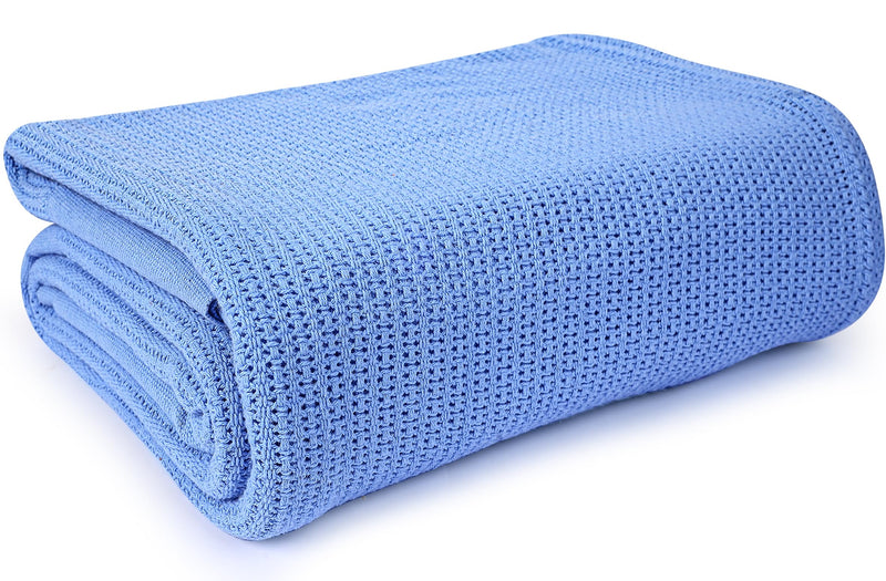 [Australia - AusPower] - Linteum Textile Supply Hospital Comfort Bundle - Blue Thermal Blanket 66x90 Inch (1-Pack) + White Classic Fitted Jersey Hospital Bed Sheets 36x84x16 Inches (2-Pack) 