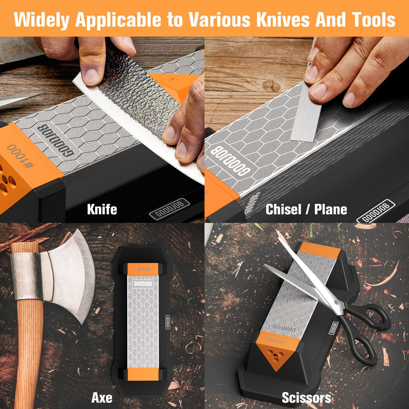 [Australia - AusPower] - Goodjob Diamond Sharpening Stone 3 Side Grit 400/1000/8000 Premium Industrial Diamond & Ceramic Whetstone Knife Sharpener Suitable for Steel of any Hardness with Angle Guide and Non-Slip Base 