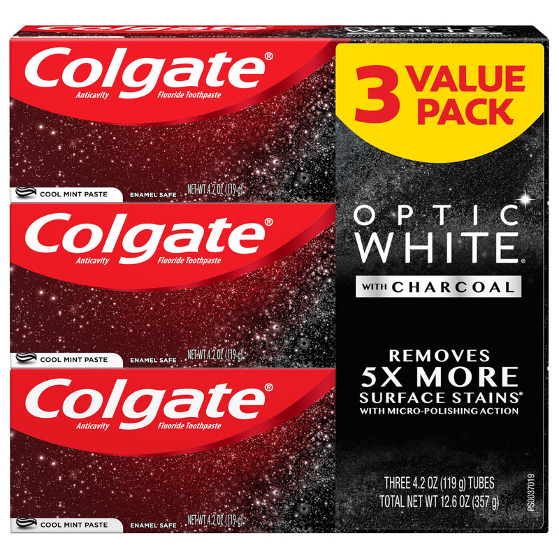 Colgate Optic White with Charcoal Whitening Toothpaste, Cool Mint Flavor, Safely Removes Surface Stains, Enamel-Safe for Daily Use, Teeth Whitening Toothpaste with Fluoride, 3 Pack, 4.2 Oz Tube 0.33 Ounce (Pack of 3)