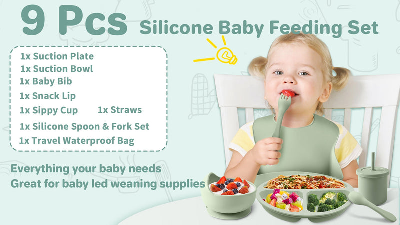 Silicone Baby Feeding Set, BPA Free Baby Dishes Set with Suction Bowl Divided Plate, Adjustable Bib, Soft Spoons and Forks, Cup, Travel Bag, BPA-free, Microwave and Dishwasher Safe, 6 month+ (Green) Dark Green