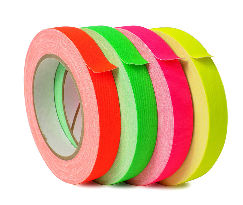 WOD GTMC12F Fluorescent Multi-Color Rainbow Gaffer Tape, 3/4 inch x 25 yds. (4-Rolls) Gym School Pack Floor Marking Tape, Secures Cables, & No Sticky Residue 3/4 Inch - 4 Pack
