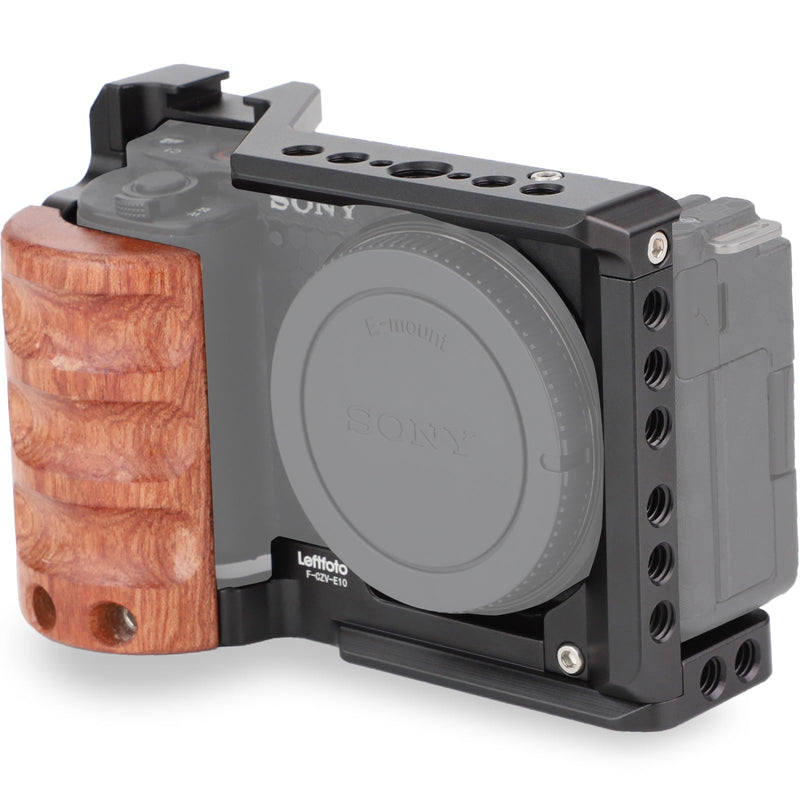 Leftfoto Upgrade Metal Cage with Wood Handle for Sony Alpha ZV-E10 Video Shooting Accessories, Cold Shoe Mic/Light Extension Video Cage Filming Vlog Camera Kit