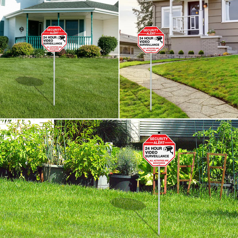 Faittoo Security Sign Video Surveillance Sign with 36" Stake for Outside, 2-Pack 12"x12" Rust Free Heavy Aluminum, Reflective, Fade Resistant, 2 pre-drilled holes, Includes Matching Screws & Wrench, 12"x12" - 2 Pack with 36" Stake