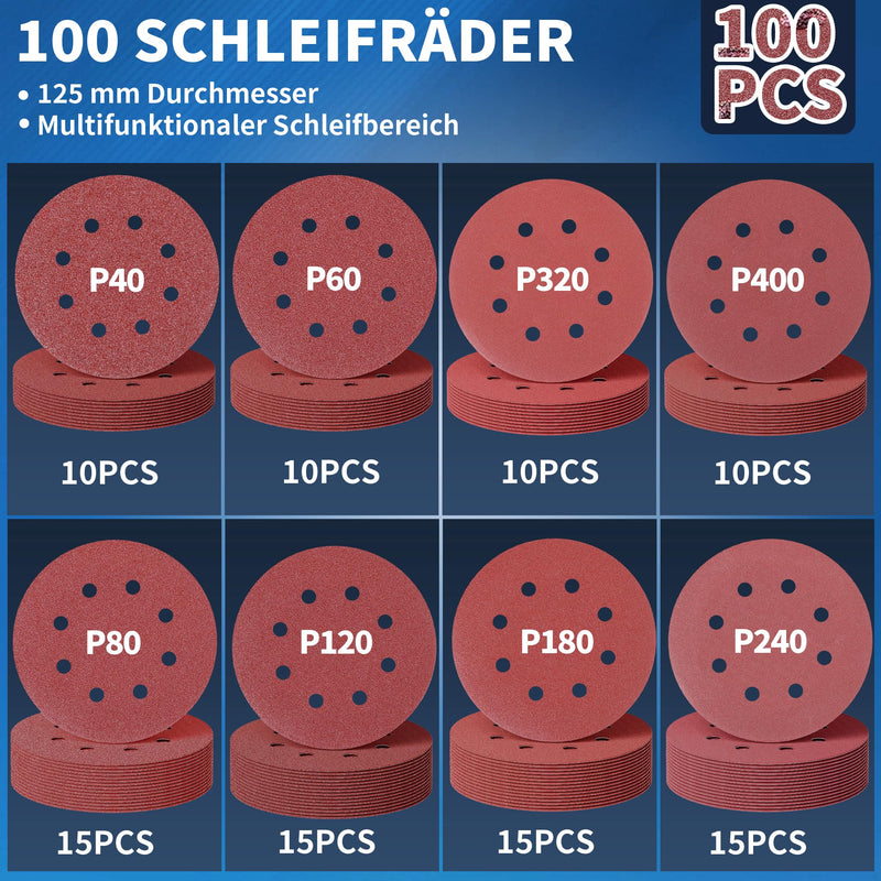 Pack of 100 Sandpaper 125 mm, 5 in 8 Holes, Wall Sanders for Wood, Metal, Plastic, P40/60/320/400 x10, P80/120/180/240x15, Accessories for Power Tools Pack of 100 - Mixed