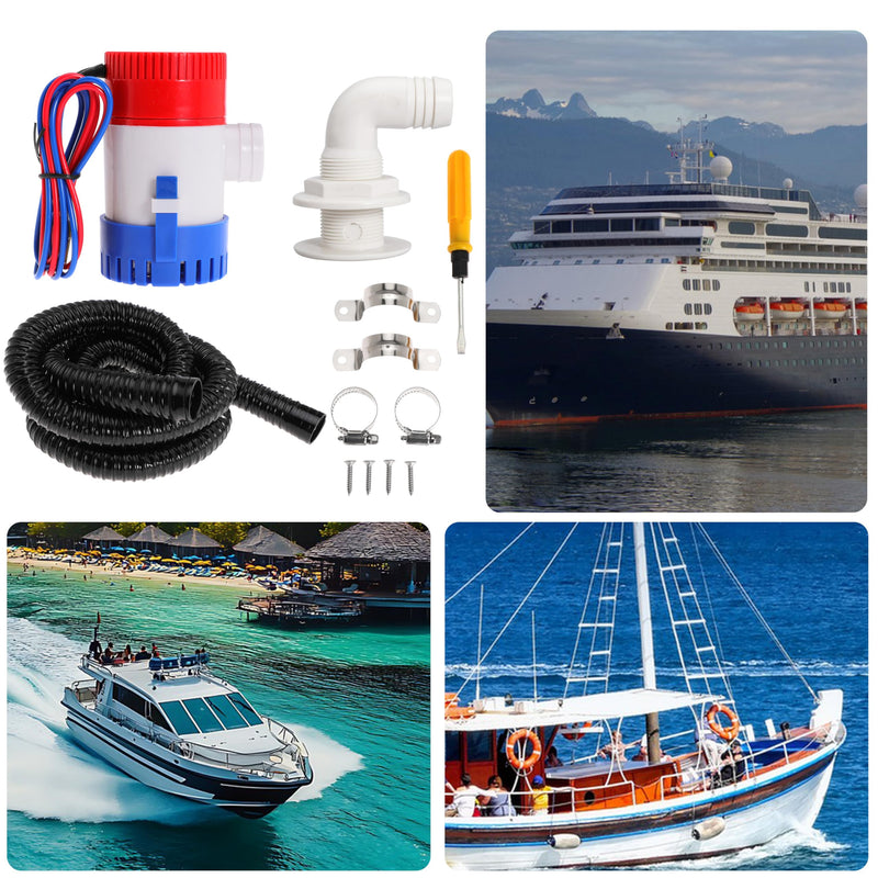 Boat Bilge Plumbing Kit 1-1/8 Inch Dia 12V Non-automatic Bilge Pump kit 1100 GPH with 6FT PVC Bilge Pump Hose (90 Degree Elbow) 90 Degree Elbow