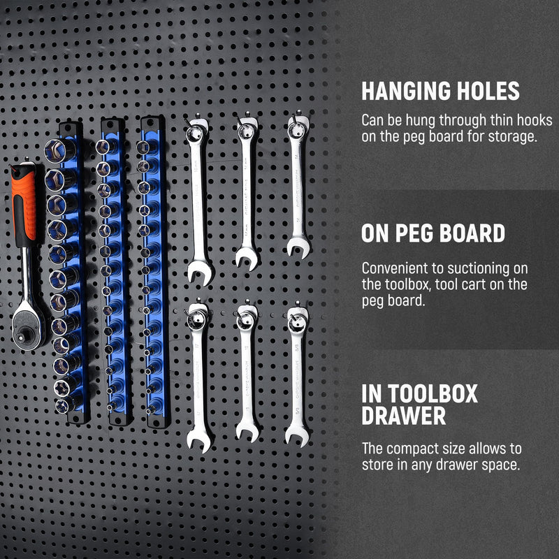 ALOANES Magnetic Socket Organizer Set, 3-Piece Heavy Duty Aluminum Socket Holder Socket Rail Organizer for Tool Box, 360° Swivel Clips Socket Rack 1/4, 3/8, 1/2-Inch x 40 Clips (Blue) 3PC (1/4, 3/8, 1/2-Inch Drive) Blue