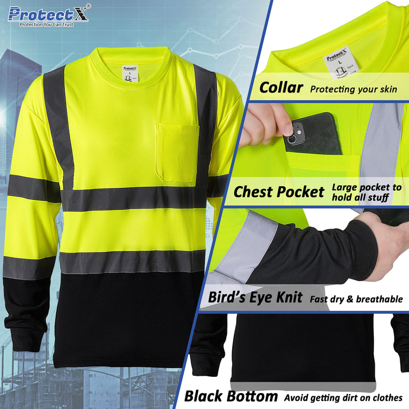 ProtectX High Visibility Heavy-Duty Long Sleeve Reflective Safety T-Shirt Type R Class2, Lime Green, Medium