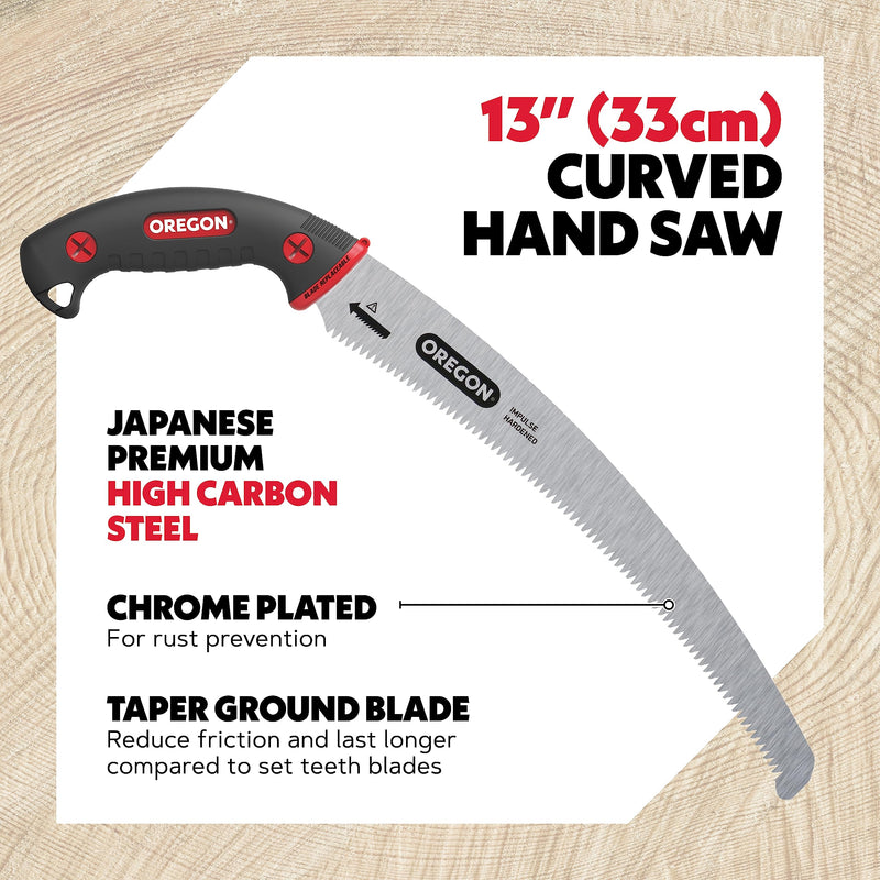 Oregon (600136) Curved Premium Japanese High-Carbon Steel Hand Saw, Rust Proof Forestry/Pruning/Cutting Tool, Curved Blade with Scabbard Safety Sheath,Red,13" 13inch