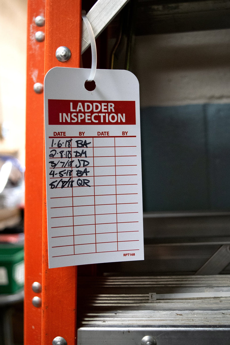 NMC RPT168 Accident Prevention Tag, "LADDER INSPECTION", 3" Width x 6" Height, Unrippable Vinyl, Red on White (Pack of 25)