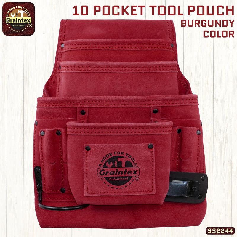 Graintex 10 Pocket Nail & Tool Pouch, Suede Leather Tool Bag, Tool Belt for Constructors, Electricians, Handymen, HVAC Tools, Professional Organizer with Adjustable Fit Burgundy