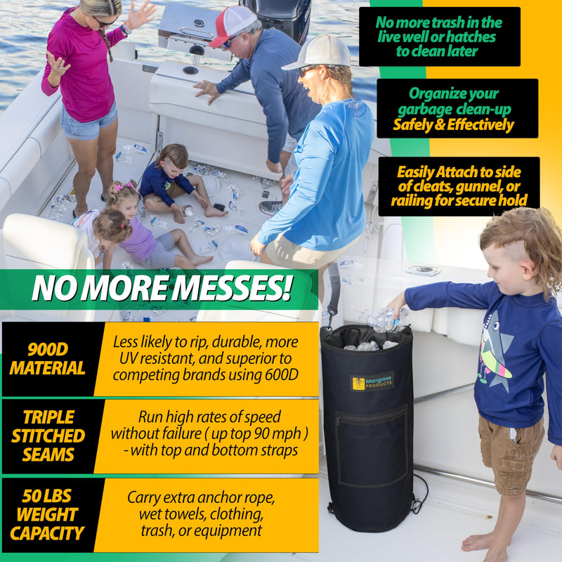 Mangrove Products: Portable Boat Trash Can, Reusable Trash Bag, Boating Equipment, Boat Storage, Boat Accessories Marine, Pontoon Boat Accessories, Fishing, Sandbar, RV, or Camping Black Full