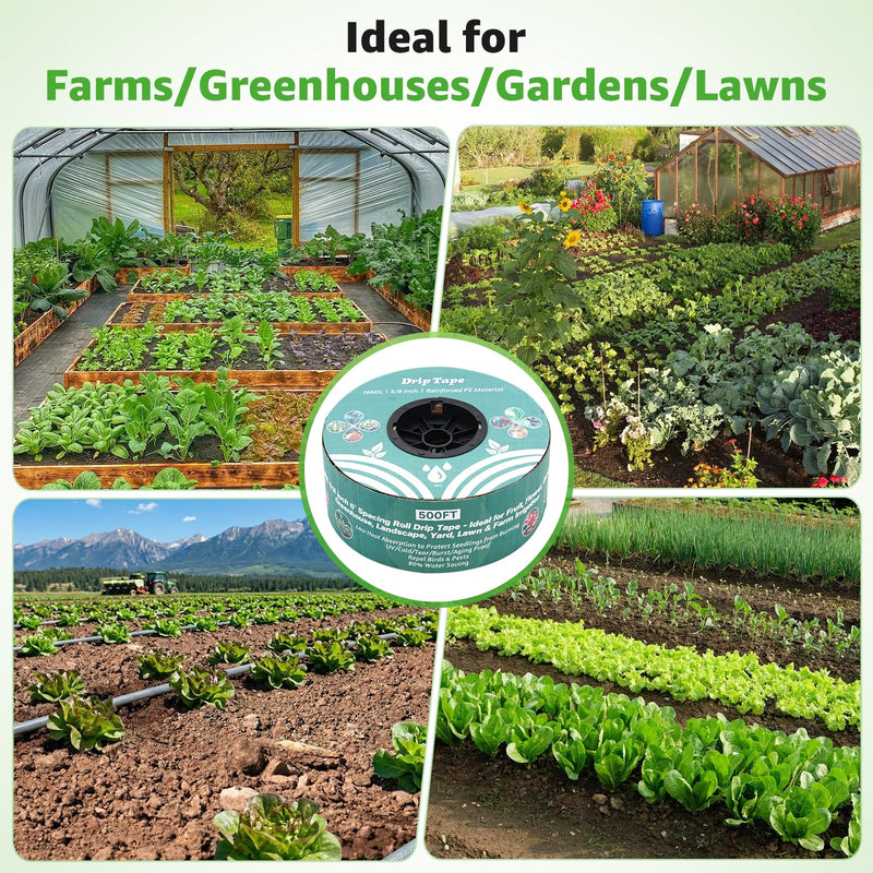500FT 5/8" Drip Tape Irrigation, 16 Mil Heavy Duty with 6" Emitter Spacing, Silver Reflective Drip Tape Resistant to Pecking & Biting, Heat-Safe for Seedlings, Ideal for Garden Farm Greenhouse Patio 500FT 16MIL