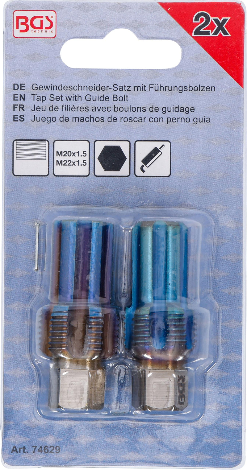 BGS 74629 | Tap and Die Set with Guide Bolt | for Sensors | 2-piece set. Thread M20 x 1.5 and M22 x 1.5 | HSS steel | short version | 6 cutting edges | cleaning grooves For sensors, 2 pieces.