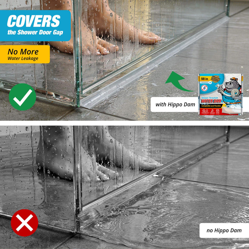 Shower Threshold Water Dam Barrier 98" - Transparent Collapsible Walk in Shower Water Guard - Door Bottom Seal Strip Leak Guard by Hippo Dam
