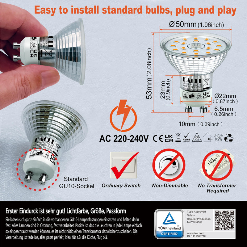 EACLL GU10 LED, Warm White, 4.9 W, Replaces 70 W Halogen Bulbs, Pack of 4, 515 Lumens 2700K Bulbs, AC 230 V, Flicker-Free Spotlight, Beam Angle 120°, Non-Dimmable Reflector Lamps 4 pcs (pack of 1) 4.9 W 2700 K Warm White Light