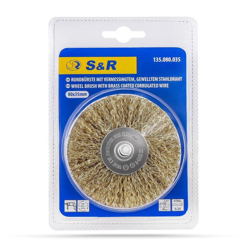 [Australia - AusPower] - S&R Steel Wire Round Brush, Sanding Brush Brass 80 mm x 35 mm, Wood Structure Brush Brass-Plated, 0.25 mm Wavy Round Shaft 8 mm, Wire Brush for Wood, Metal, Stainless Steel, Plastics 