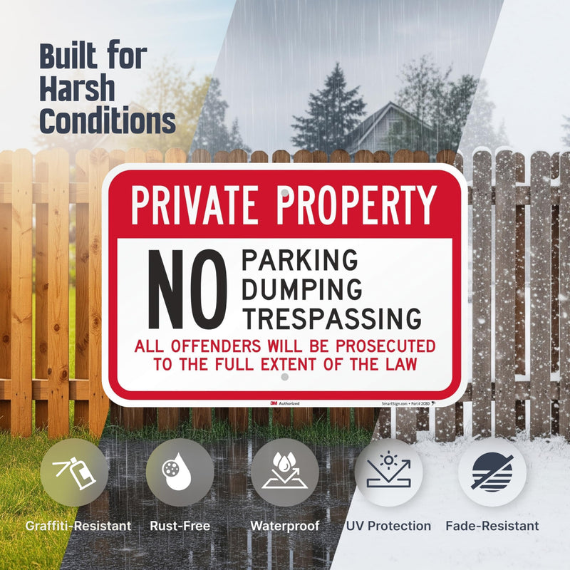 SmartSign Private Property No Parking/Dumping/Trespassing Offenders Prosecuted Sign (2-Pack), 12 x 18 inch, 80 mil thick Aluminum Composite (ACM), Pre-Drilled Holes, Red, Black and White, USA-Made 12" x 18" ACM Aluminum (Pack of 2)