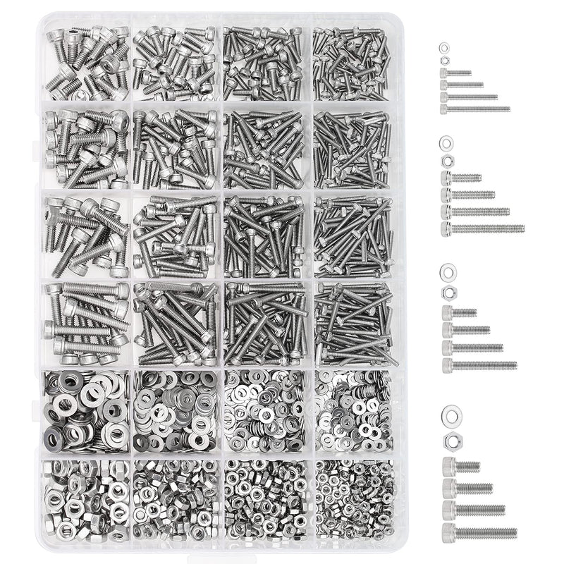 [Australia - AusPower] - 1280 Pieces M2 M2.5 M3 M4 304 Stainless Steel Hex Socket Cap Metric Screws Bolts Washers Nuts Hardware Assortment Kit with Hex Wrenches 