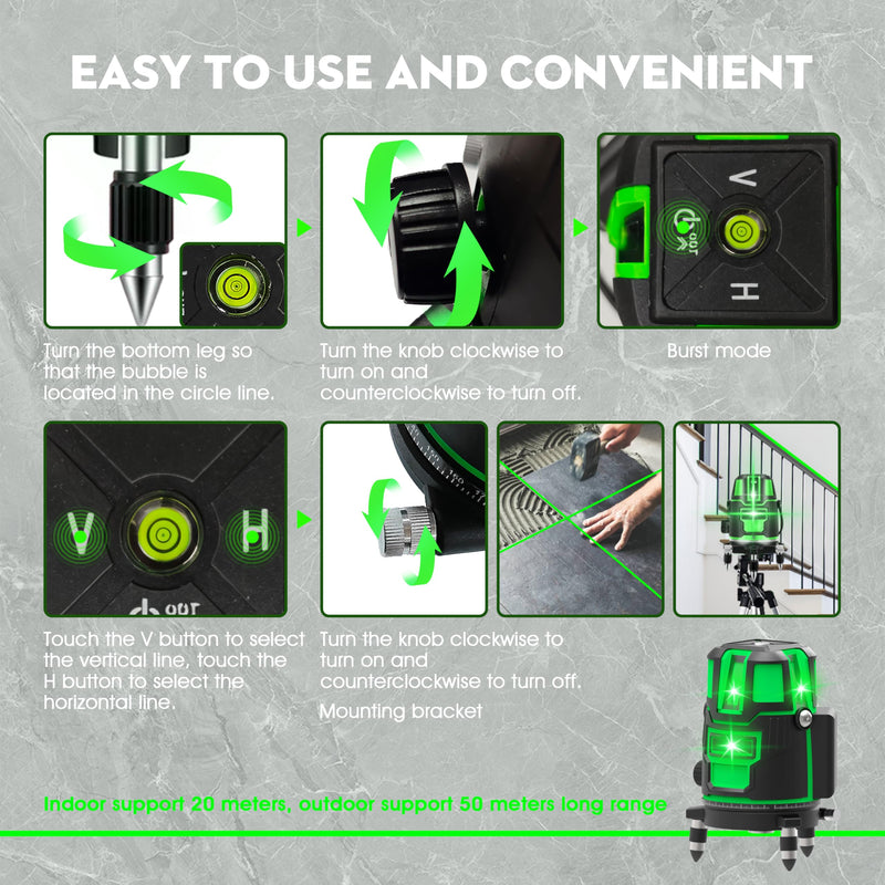[Australia - AusPower] - 5 Lines Laser Level Tool 360 Self Leveling Precision Cross Line with Tripod, Indoor & Outside Green Laser Level with 2 Batteries & Toolbox for Picture Hanging, Tile Leveling 