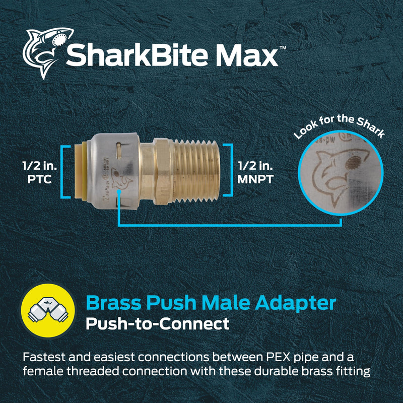 [Australia - AusPower] - SharkBite Max 1/2 Inch MNPT Adapter, Push to Connect Brass Plumbing Fitting, PEX Pipe, Copper, CPVC, PE-RT, HDPE, UR120A 1/2 in. 