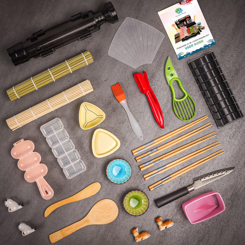 [Australia - AusPower] - Sushi Making Kit -14 in 1 - Easy-to-Use for Beginners with Sashimi Knife, Paddle Spreader, 2 Bamboo Sushi Mat, Black Bazooka, Reusable Chopsticks, Storage Bag, Green Avocado Slicer 