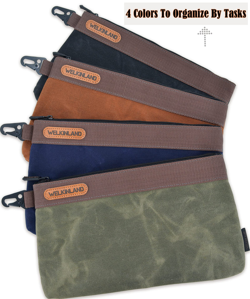 WELKINLAND Heavy-Duty Canvas Tool Pouch - 4PCS, 12" Waxed Canvas Zipper Tool Pouch