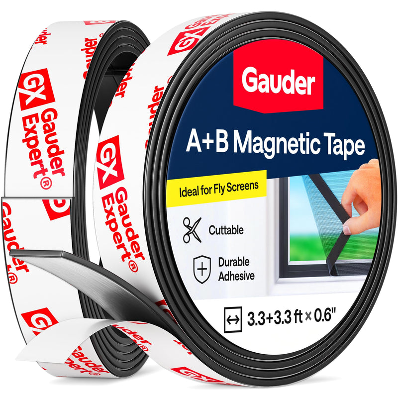 GAUDER A+B Magnetic Tape for Fly Screens & Mosquito Nets - Self-Adhesive Magnetic Strips with Strong Mutual Attraction - Magnet Tape with Counterpart & Strong Adhesive (3.3 + 3.3 ft) 3.3 ft + 3.3 ft