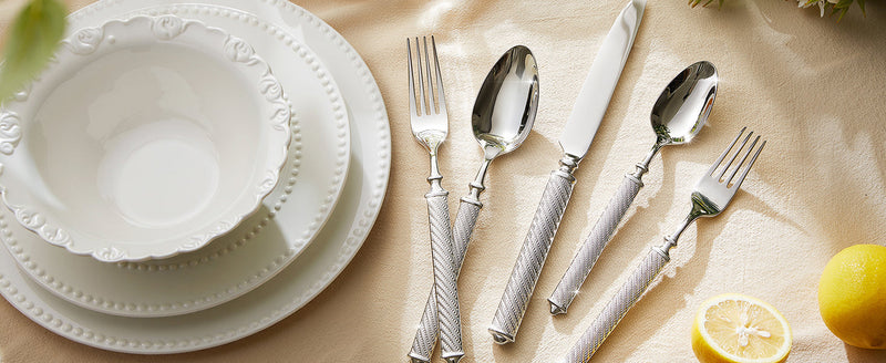 KINGSTONE 5-piece silverware serving set with 18/10 stainless steel, includes forks, knives, and spoons, polished and elegant.