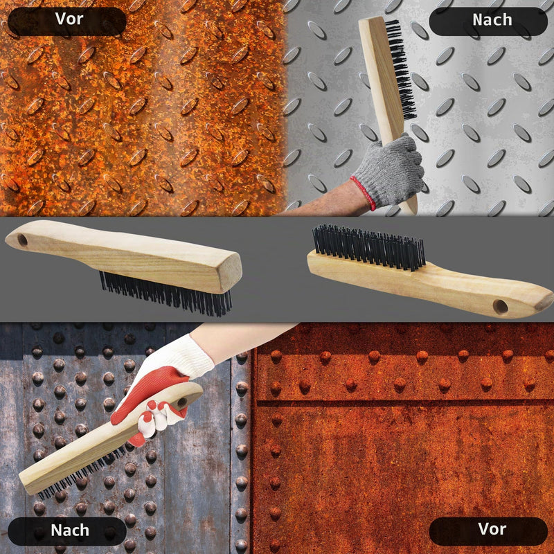 5-Piece Hand Wire Brush Set, Wire Brushes with Wooden Handle, 3 x Large Steel Brush 250 mm, 2 x Small Stainless Steel Brush 205 mm, Metal Brush Hand Wire Brush Set for Metal, Wood, Grill