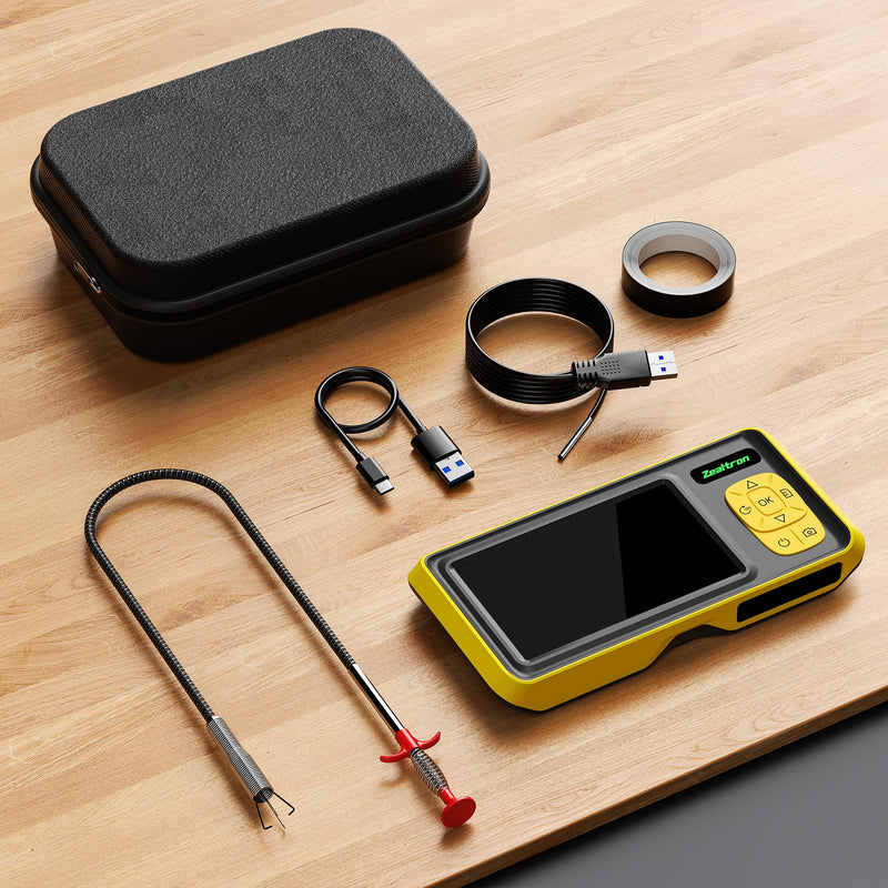 Endoscope with Light, 3.9mm Ultra-Thin Probe, 4.3" IPS Screen 1080P HD IP67 Waterproof Borescope Inspection Camera, USB Interchangeable 16.5ft Semi-Rigid Cable, 3.3ft Drain Clog Remover Included Yellow