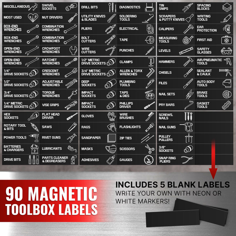 [Australia - AusPower] - 90 Pcs Magnetic Tool Box Labels 3.5x1 inch - Magnetic Toolbox Labels for Tool Box Drawers Strong Magnet Toolbox Organizer Chest Black Pre-Printed & Blanked Emblems for Organization - Toolbox Emblems 90 Black 3.5"x1" 
