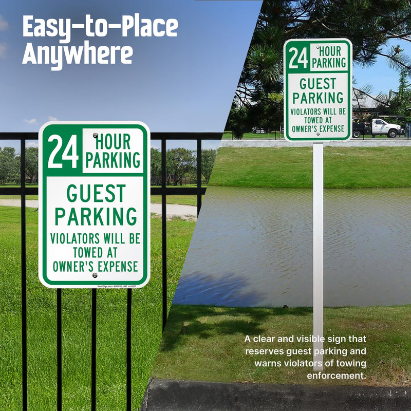 SmartSign 24 Hour Guest Parking Violators Towed At Owner's Expense Sign - 2-Pack, 12" x 18", 80 mil Thick Aluminum Composite (ACM), Pre-Drilled Holes, Green and White, Made in USA 12" x 18" - AL ACM (Pack of 2)