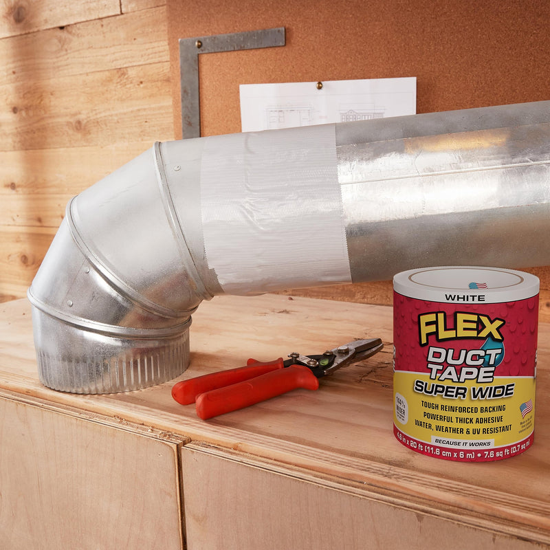 Flex Duct Tape, Super Wide, 4.6 Inches x 20 Feet, White, Heavy Duty Strong, Multi-Surface, Water, Weather and UV Resistant, Tearable, Perfect for Boxes, No Residue 4.6" x 20'