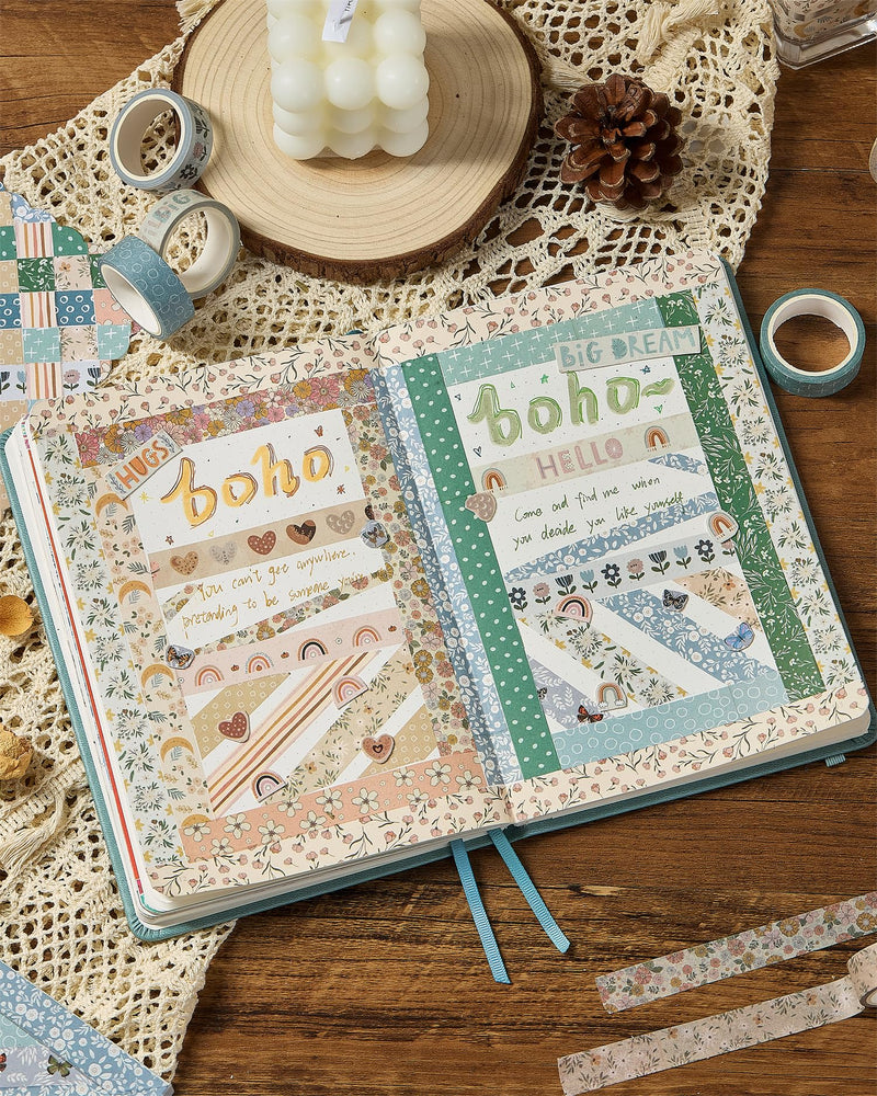 Boho Washi Tape Set 10 Rolls Cute Masking Graphic Floral Pattern Decorative Tapes for Arts, DIY Crafts, Journals, Planners, Scrapbook, Wrapping (Warm) Warm