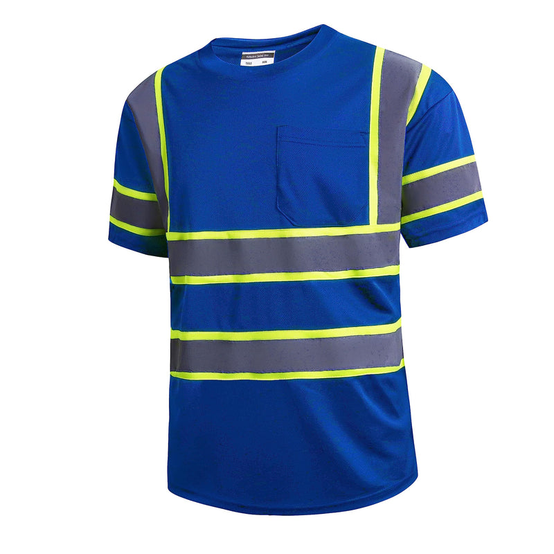 SKSAFETY High Visibility Safety Shirts for Men with Reflective Tapes - Quick Dry Class 2 Hi Vis Construction Work Shirts for Men, Short Sleeve Breathable Birdeyes T-Shirts with Pocket Blue X-Large