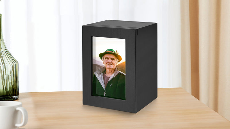 SOITIS Small Wood Urn for Human Ashes, Cremation Ashes Urns Black with Photo Frame - Mini Memorial Wood Urns Box, Decorative Keepsake Urn for Women Men - Small Size Urn Solid