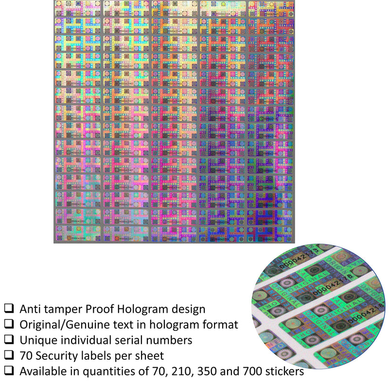 70 Tamper Proof Stickers, Tamper Evident Stickers. Genuine Original Holographic Security Seal, Tamper Resistant Hologram Foil Tape Feature with Serial Numbers. Strong Adhesive. (70 Stickers) 70 Stickers